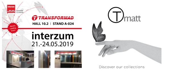 anti-fingerprint, auto-regenerative, Countertops, Crystal, high pressure laminates (HPL), Interzum, melamine TLAM, supermatt Tmatt surface, Transformad, Transformad Interzum