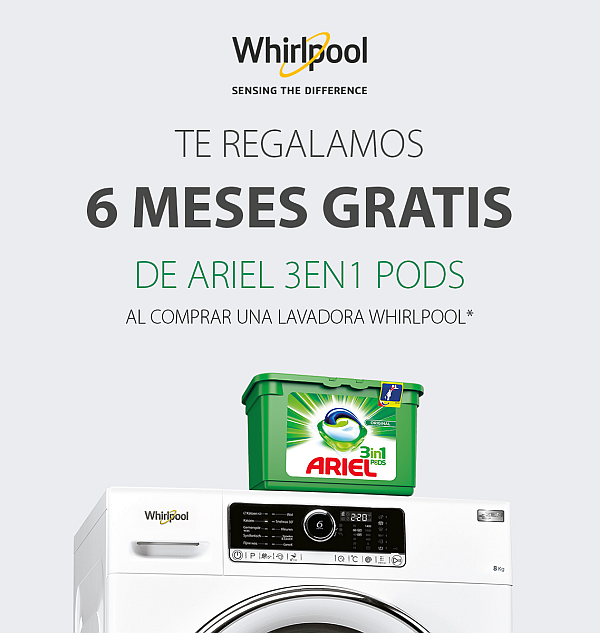 Whirlpool regala seis meses de detergente Ariel por la compra de una lavadora o lavasecadora