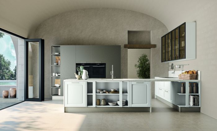 Las tendencias europeas muestran cocinas abiertas y espaciosas, como esta de Lube Cucine.