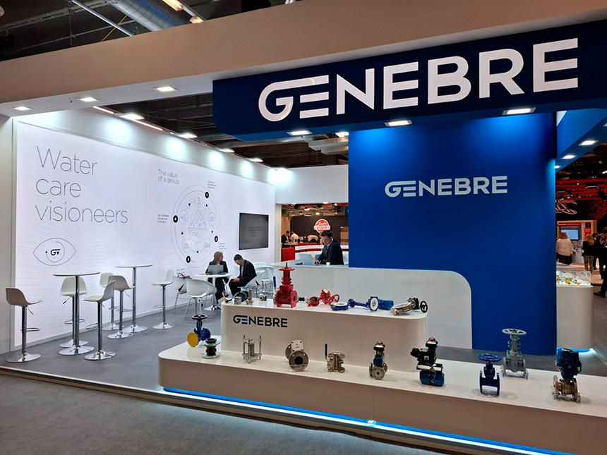 Vista del stand de Genebre Group en ISH 2025 con novedades en valvulería hidrosanitaria e industrial.
