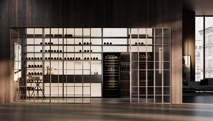 Sistema de puertas escamoteables y vinoteca de la colección Acerum.