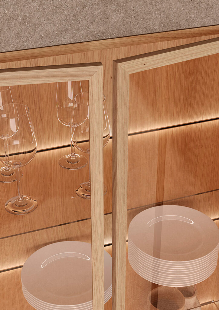 Detalle Mini IKS 955 aluminio rechapado madera roble para cocina.