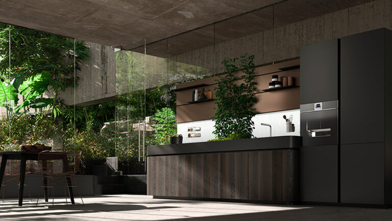 Cocina lineal Oasi: “Cocina mural Oasi ARAN Cucine con puertas en madera y flujo optimizado”