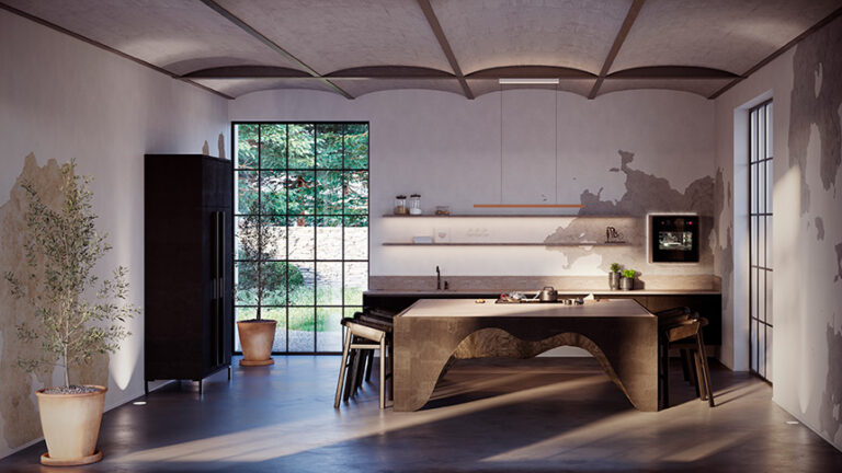 Cocina contemporánea sin campana extractora equipada con placa Bora Pure