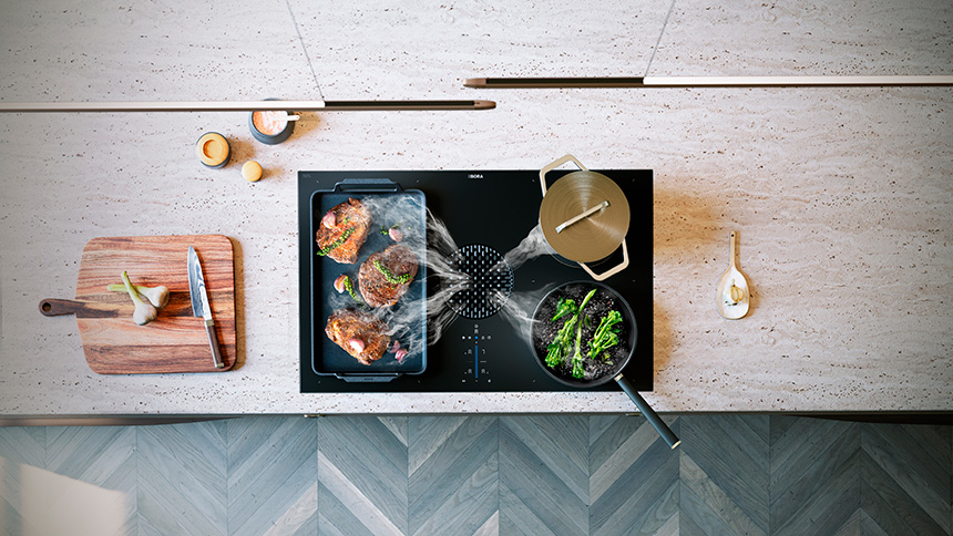 Cocción a la parrilla estilo Tepan con sartén grill Bora en placa Bora Pure