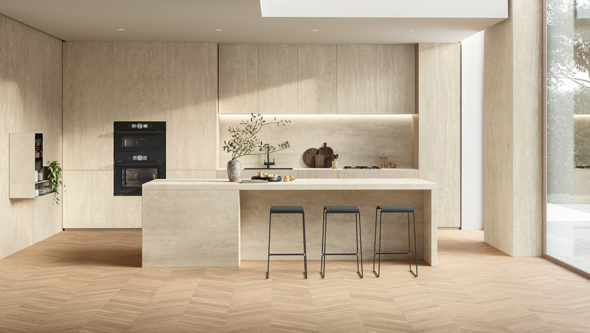 Travertino Navona White: gres porcelánico avanzado para superficies arquitectónicas