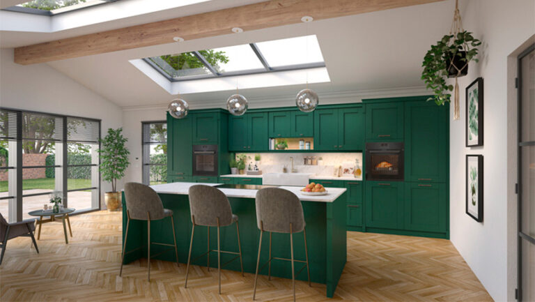 Diseño de cocina moderna 2026 en verde profundo