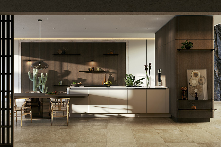 Detalle de isla de cocina SieMatic SG6 con encimera elevada y borde perimetral