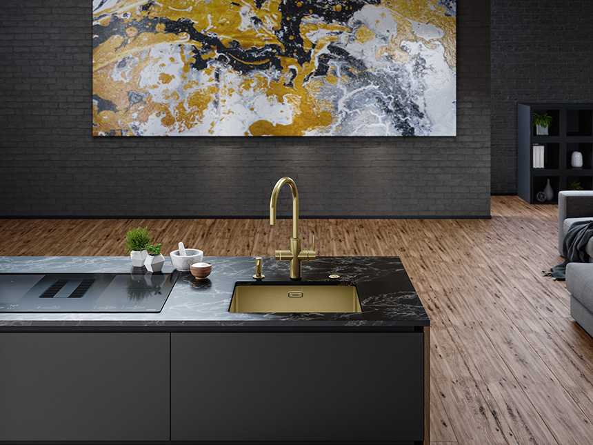 Grifo inteligente Mythos Water Hub de Franke con agua filtrada, fría, caliente y con gas en cocina moderna