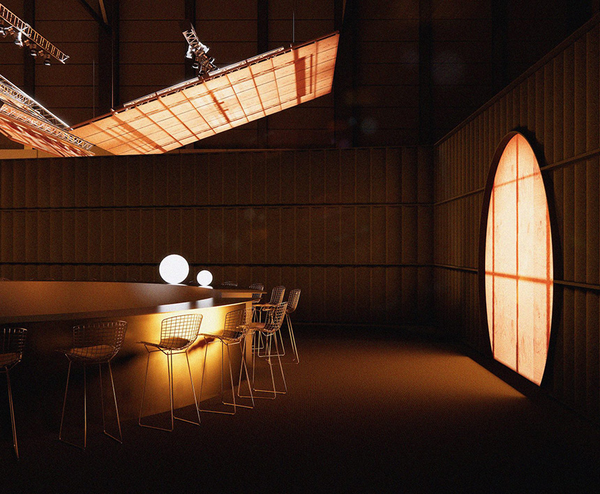 Barra circular del Guest Lounge ARCOmadrid 2026 revestida con superficie mineral ĒCLOS® Legnd de Cosentino