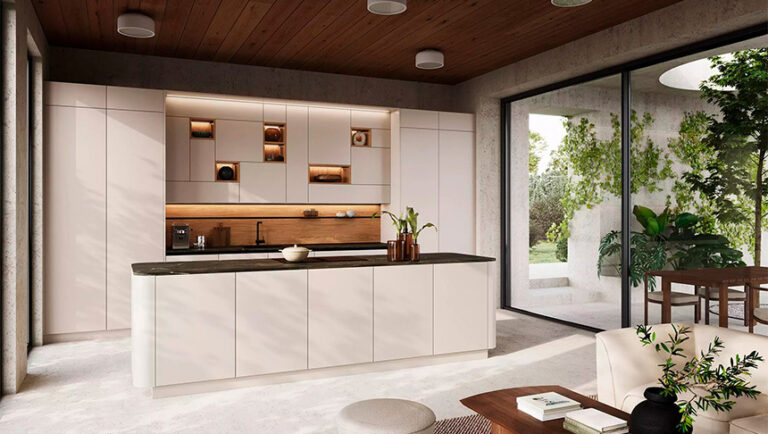 Cocina moderna con isla con terminales reodndeados. Frente Zerox KQ Sandy / Power SC Sandy Beach