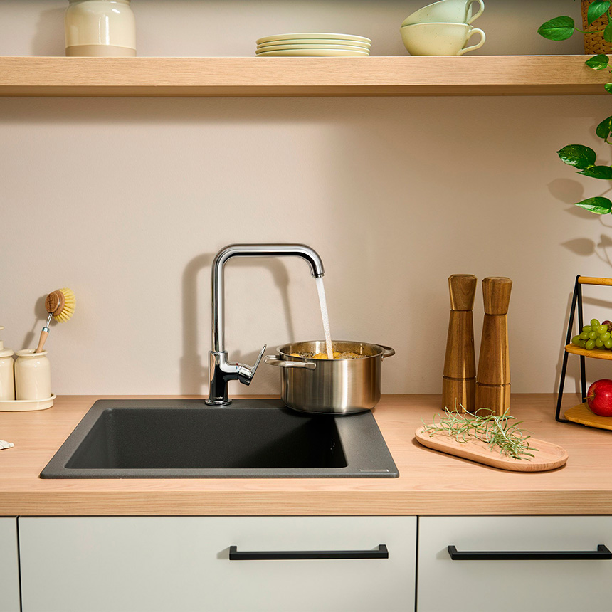 Grifería de cocina moderna hansgrohe con caño giratorio 210 grados