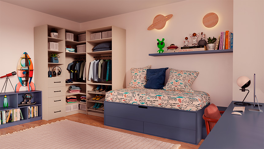 Vestidor abierto moderno integrado en dormitorio contemporáneo