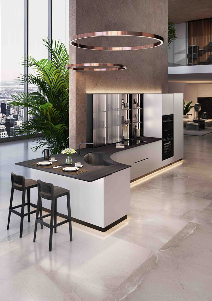 Encimera de gres porcelánico con fregadero integrado en cocina moderna