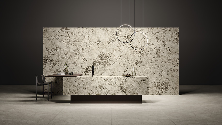 Cocina con placas cerámicas de gran formato Marvel Epic Alpinus