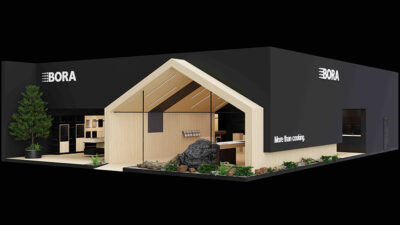 BORA en EuroCucina 2026 Milán mostrando cocinas de diseño moderno con extracción integrada y estilo minimalista