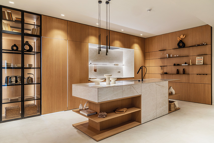 cocina Doimo Cucine minimalista madera mármol vinoteca