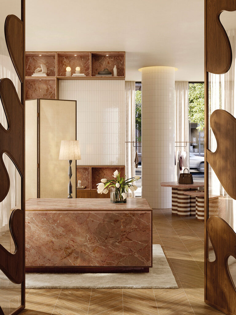 Interiorismo premium con porcelánico Breccia Rosa 4D