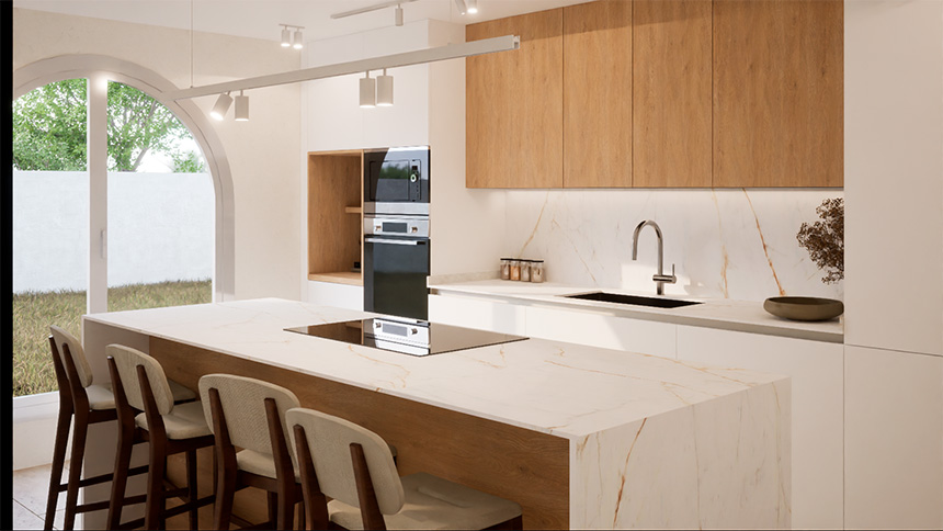 Cocina moderna con grandes ventanales y continuidad entre interior y exterior