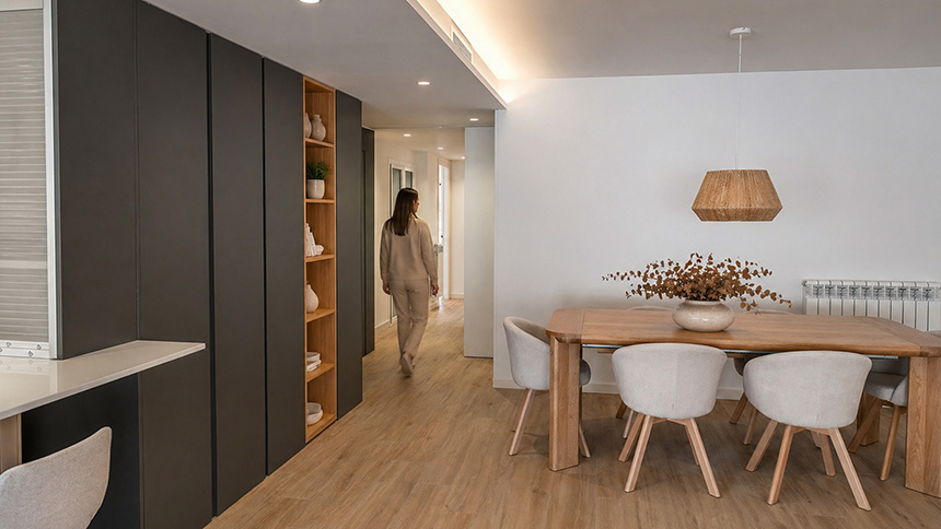 diseño de cocina abierta con materiales neutros