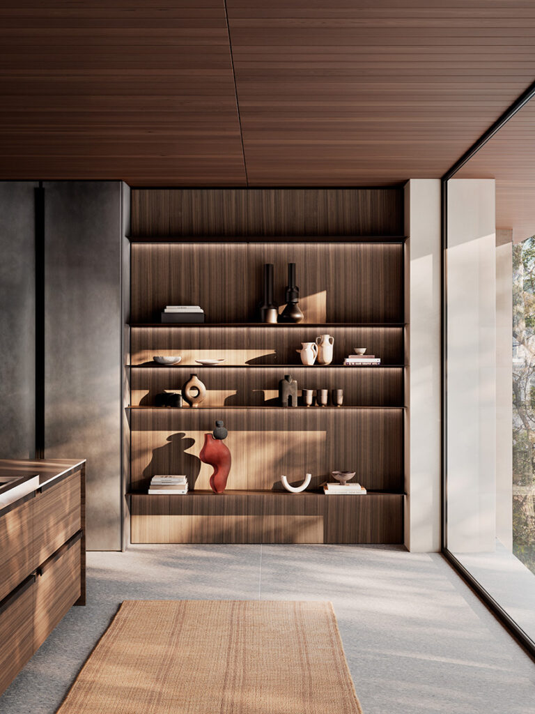 Boiserie con soluciones de almacenamiento y exposición para espacios de día