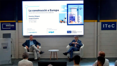 Francisco Diéguez y Josep Ramon Fontana durante la presentación del informe Euroconstruct Verano 2026 en la sede del ITeC en Barcelona.