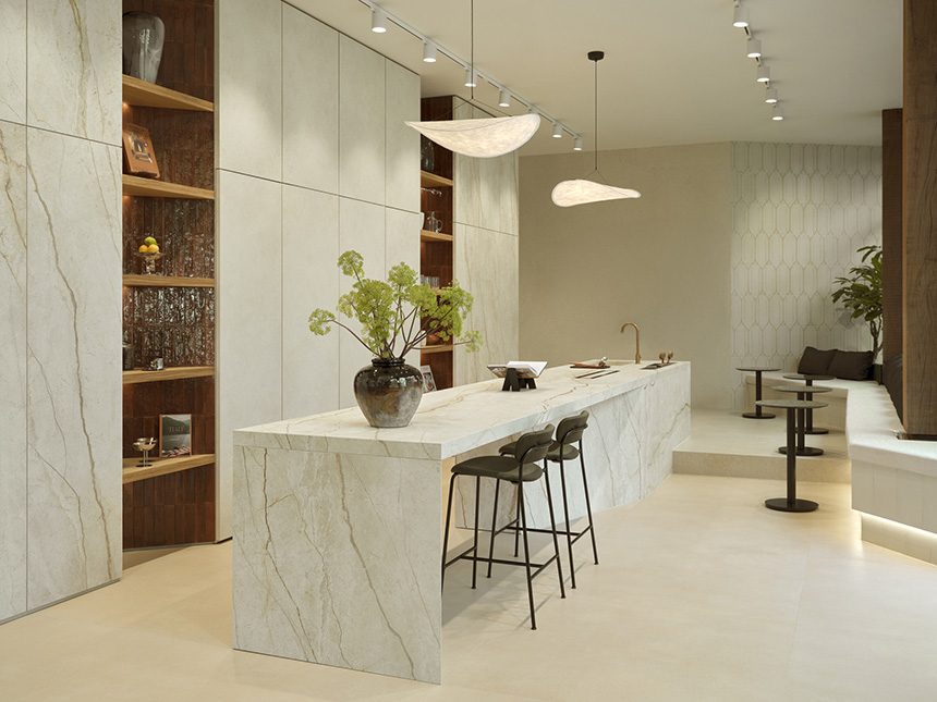 Cocina revestida con la colección The Top Stone Look Silver Root White
