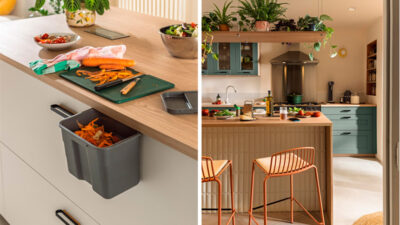 Cocina moderna con sistema de gestión de residuos integrado para optimizar el espacio y mantener el orden.