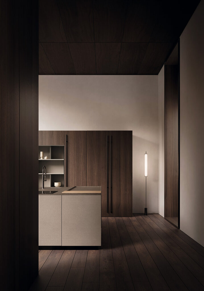 Cocina de diseño italiano Arrital con líneas depuradas y volúmenes continuos.