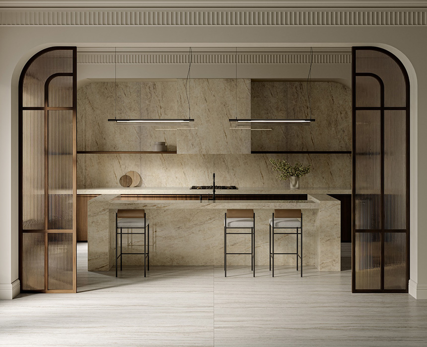 Encimera de cocina con superficie ĒCLOS y tecnología Inlayr