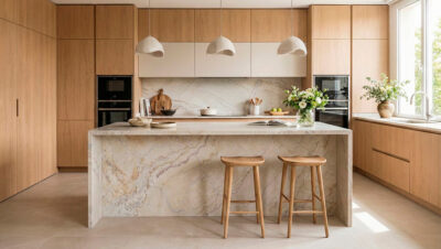 Encimera de piedra natural Dolce Vita de TERRA by Cupa Stone en una cocina de diseño.