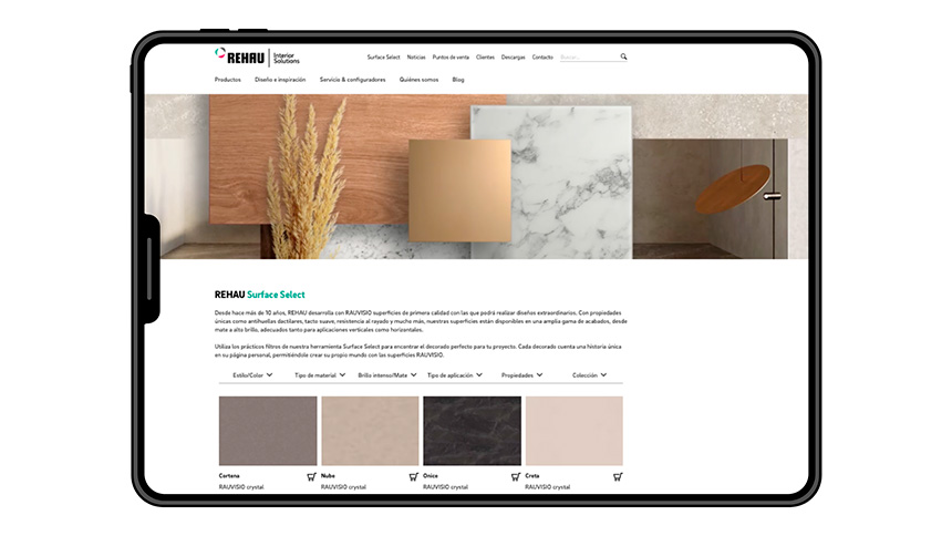 Interfaz de Surface Select con colecciones de superficies REHAU