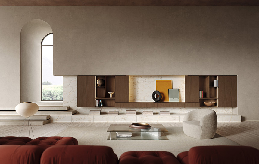 Salón moderno integrado con cocina Snaidero.