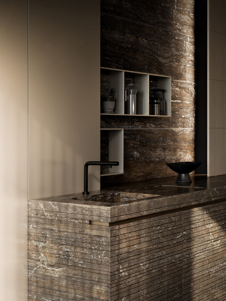 Cocina Twenty Lab de Modulnova con isla central de Travertino Titanium