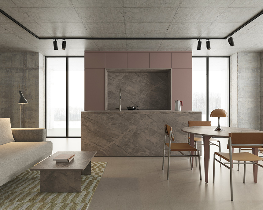 Dekton Artik Nodes Kobuk, superficie taupe marrón con vetas claras