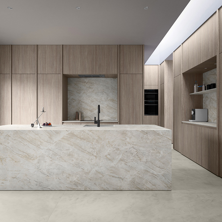 Dekton Artik Nodes Nordal, superficie gris perla con vetas cobrizas