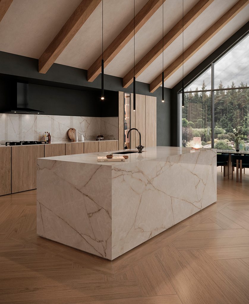 Dekton Artik Nodes Borealis, superficie en blanco marfil con vetas arena