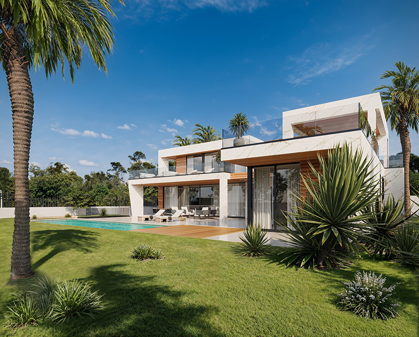 Piscina y jardín de Villa Carolina en Nueva Andalucía